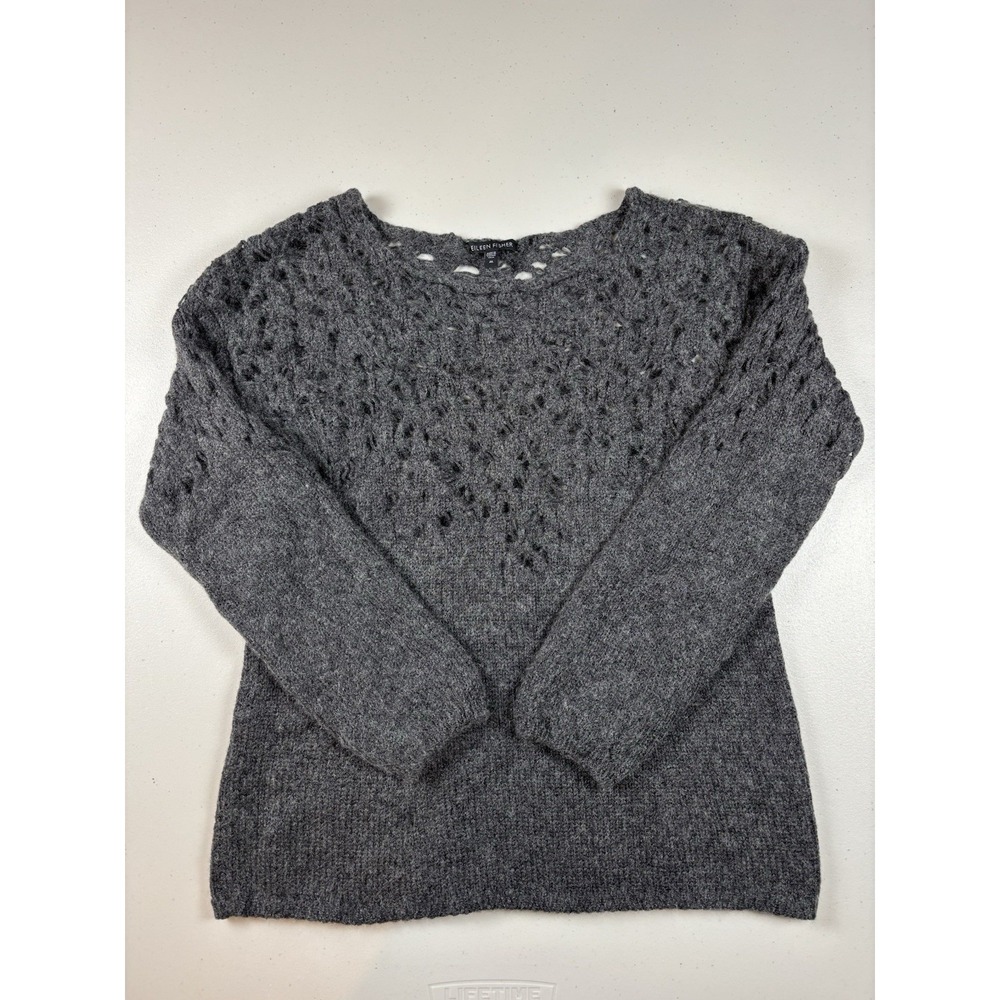 Eileen Fisher Mohair Wool Blend Open Lace Sweater Size Medium‎ Charcoal Gray EUC